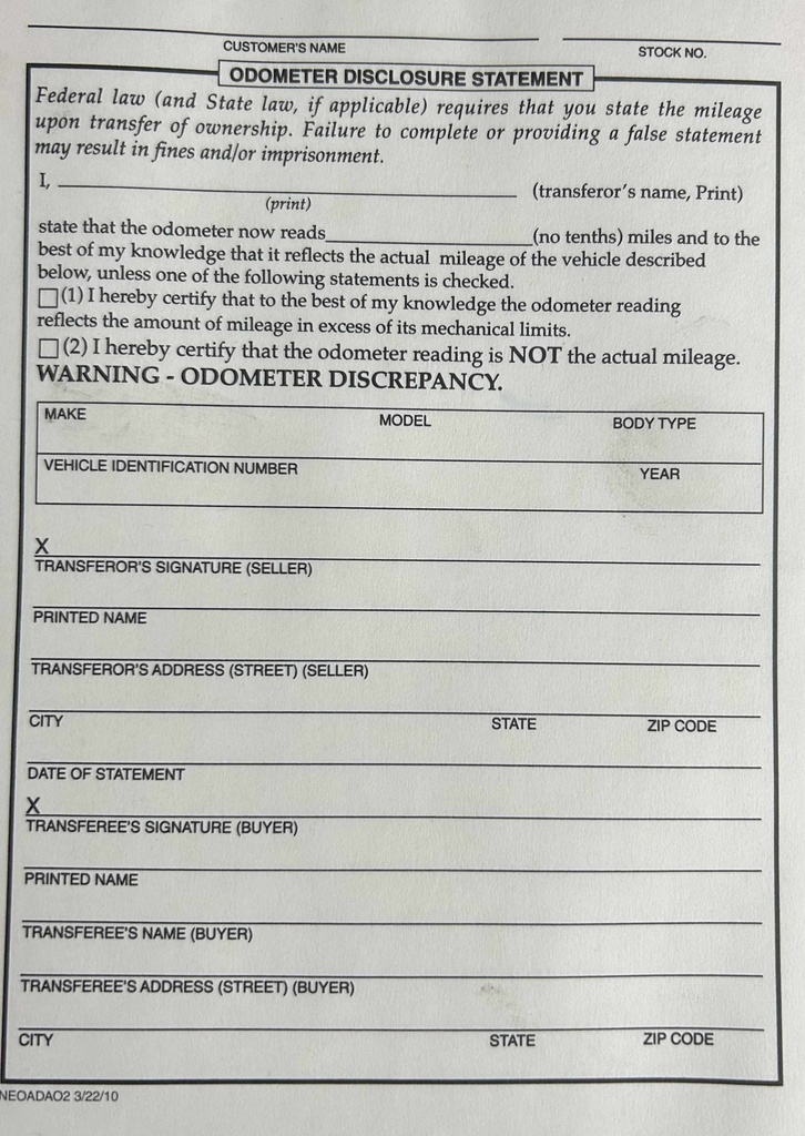 ODOMETER DISCLOSURE -LEASE