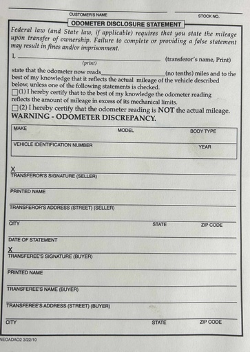 ODOMETER DISCLOSURE -LEASE